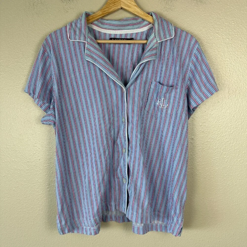Ralph Lauren Women's Pajama Set Stripes Cotton Black Label Blue Red Large
